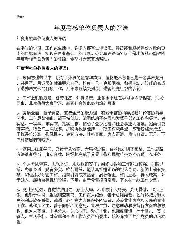 年度考核单位负责人的评语