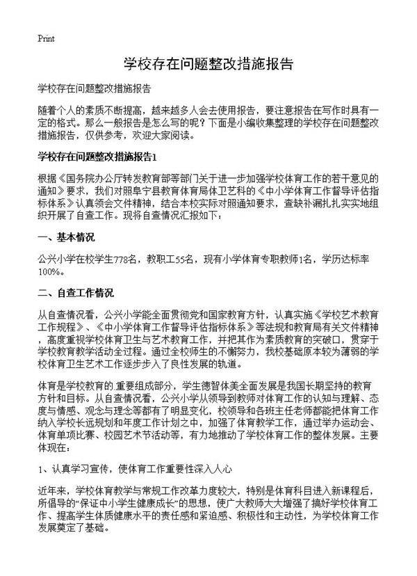 学校存在问题整改措施报告