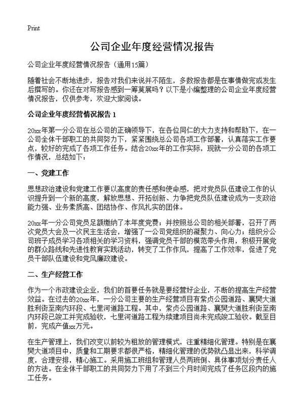 公司企业年度经营情况报告15篇