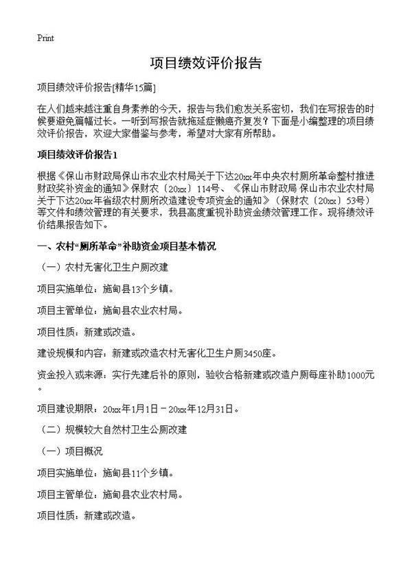 项目绩效评价报告15篇