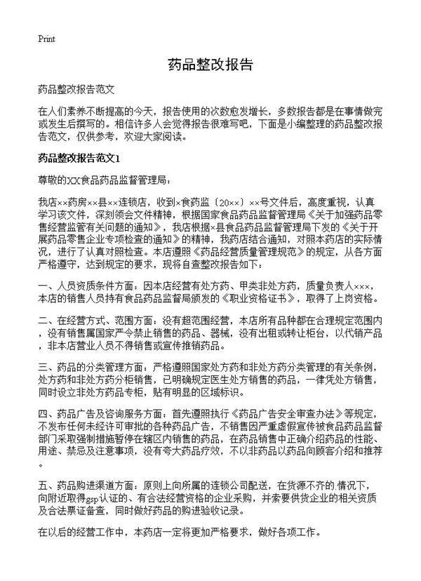 药品整改报告