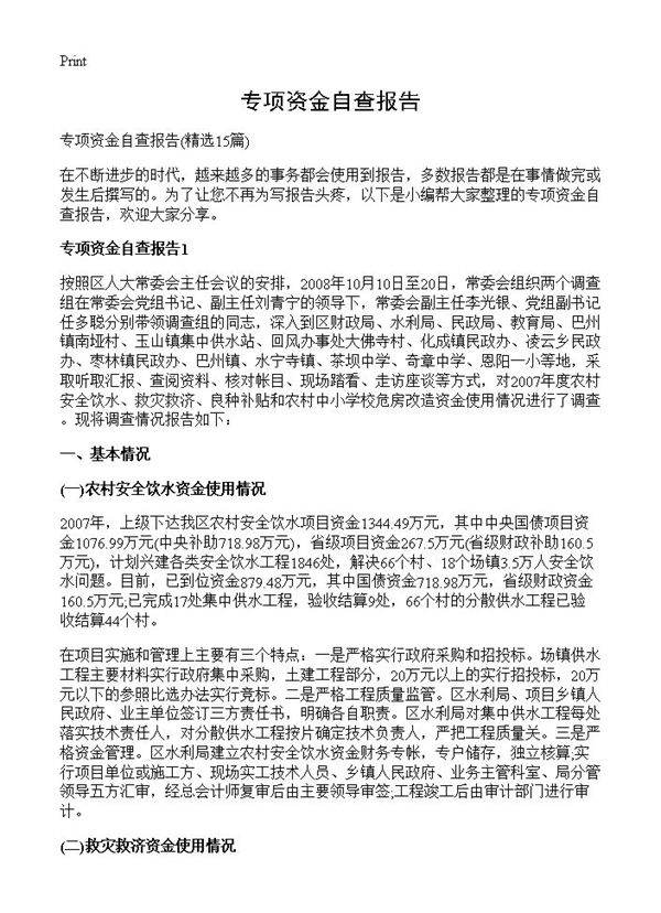 专项资金自查报告15篇