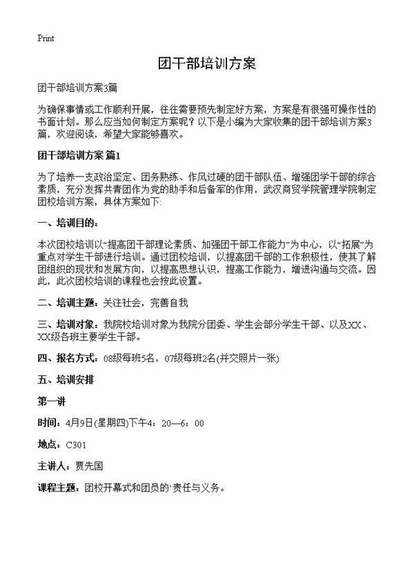团干部培训方案