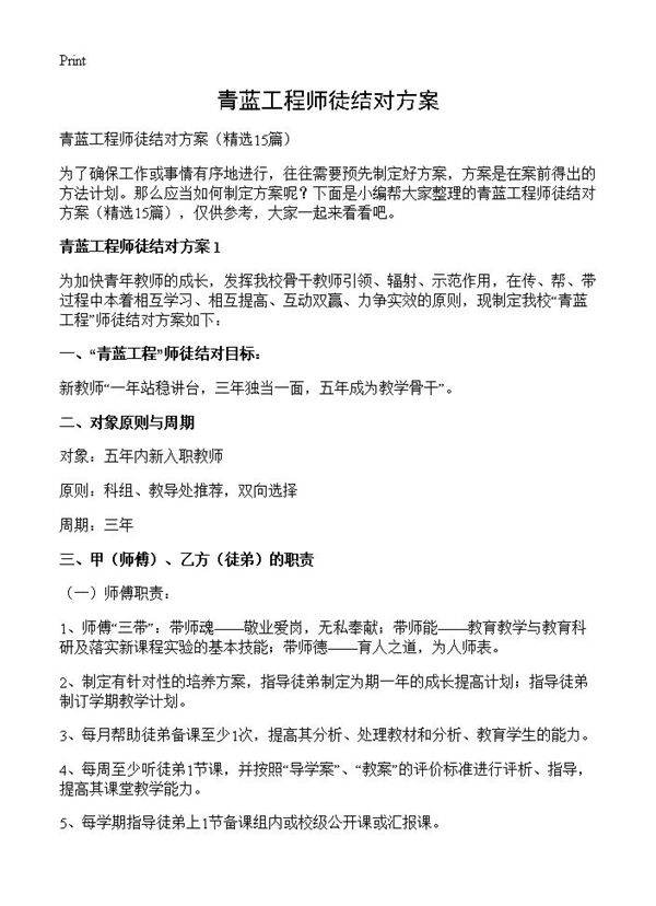 青蓝工程师徒结对方案15篇