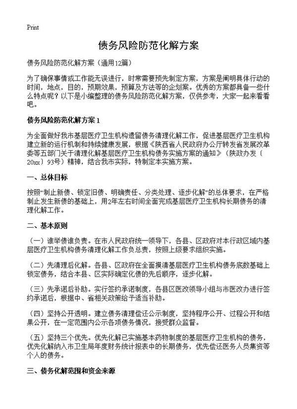债务风险防范化解方案12篇
