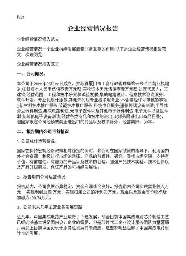 企业经营情况报告