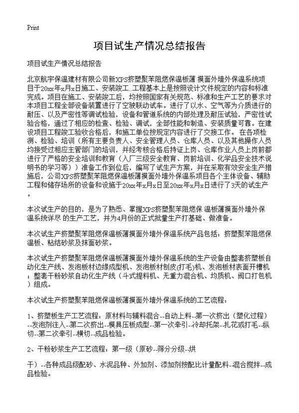 项目试生产情况总结报告