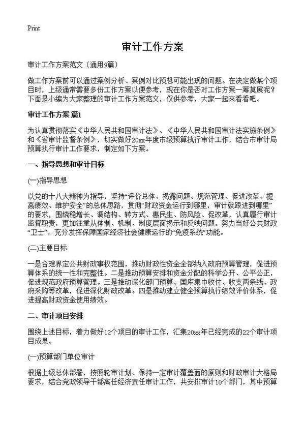 审计工作方案9篇