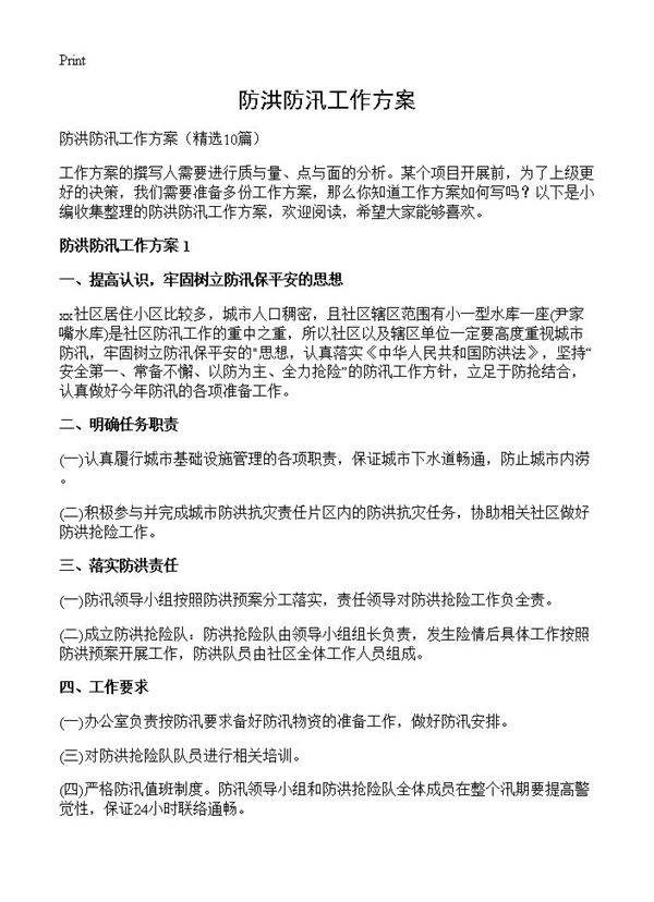 防洪防汛工作方案10篇
