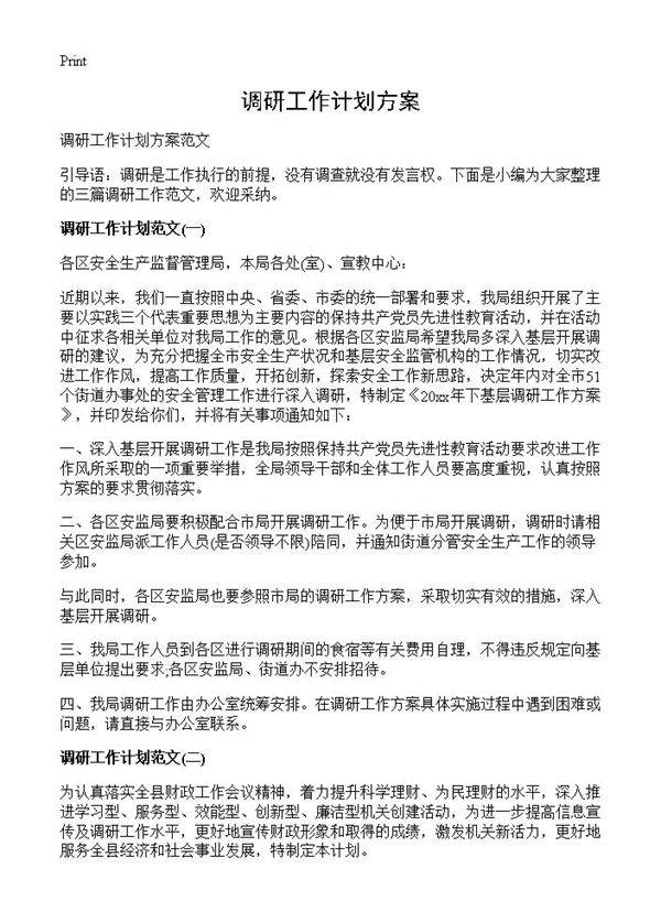 调研工作计划方案