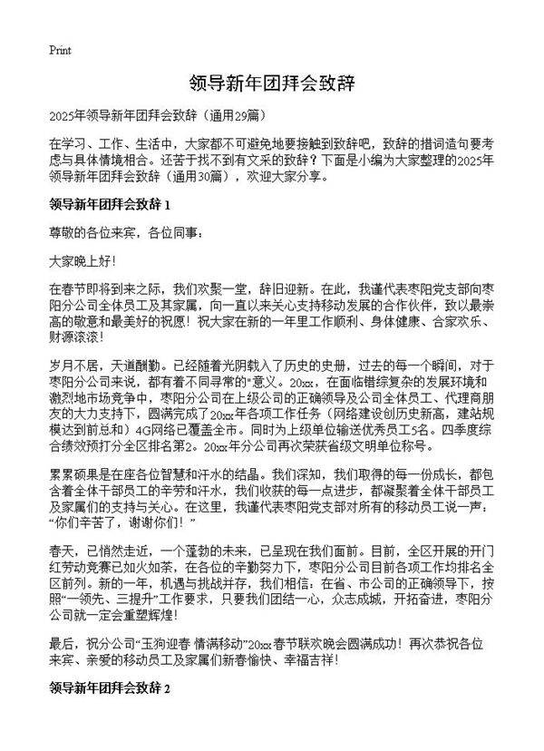 领导新年团拜会致辞29篇