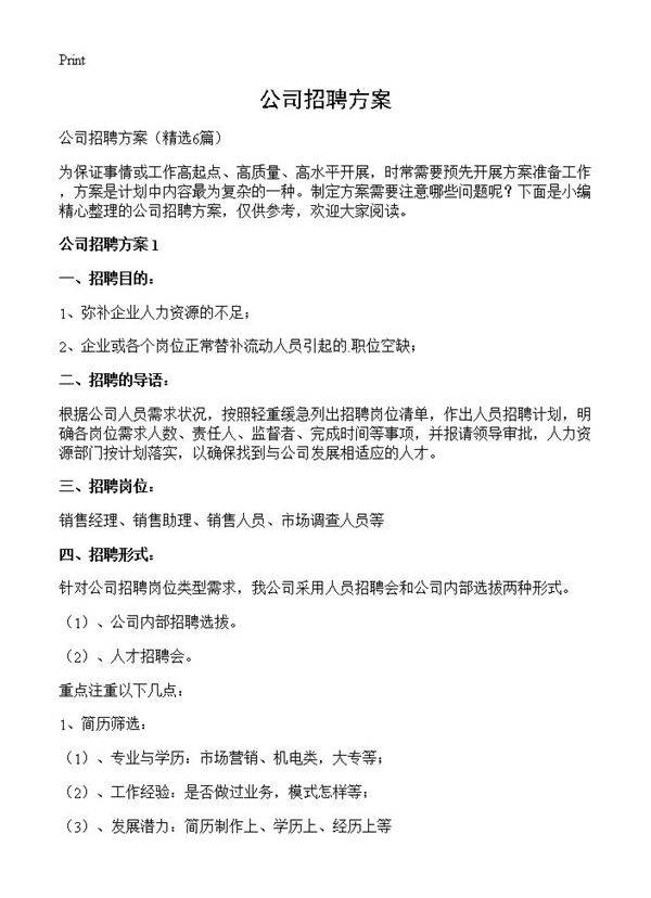 公司招聘方案6篇