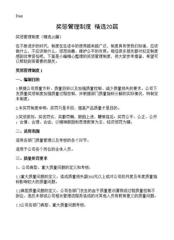 奖惩管理制度20篇