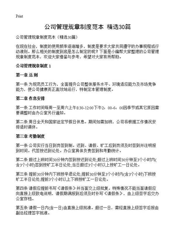 公司管理规章制度范本30篇