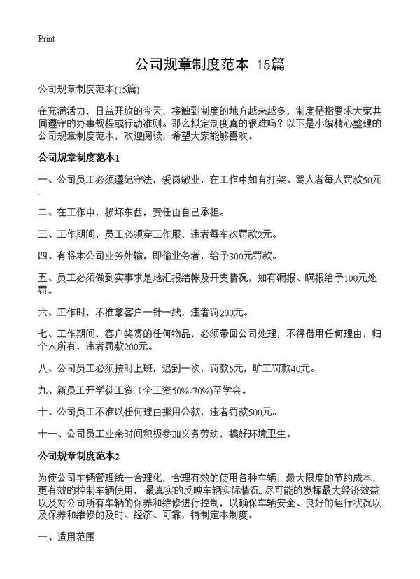 公司规章制度范本15篇