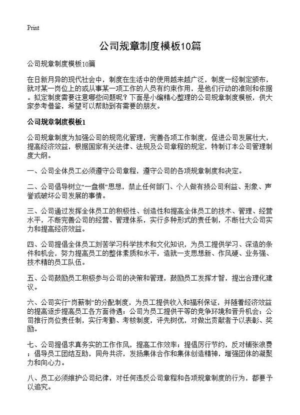 公司规章制度模板10篇