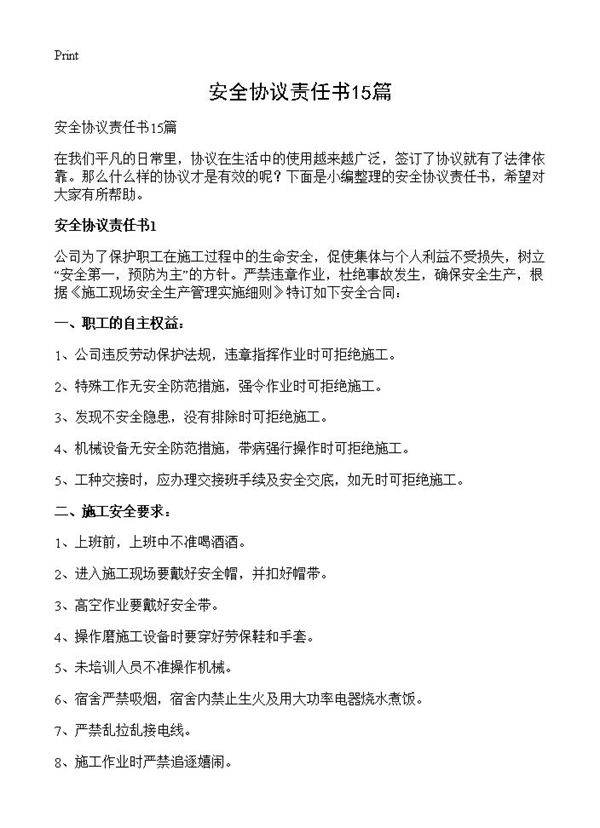 安全协议责任书15篇