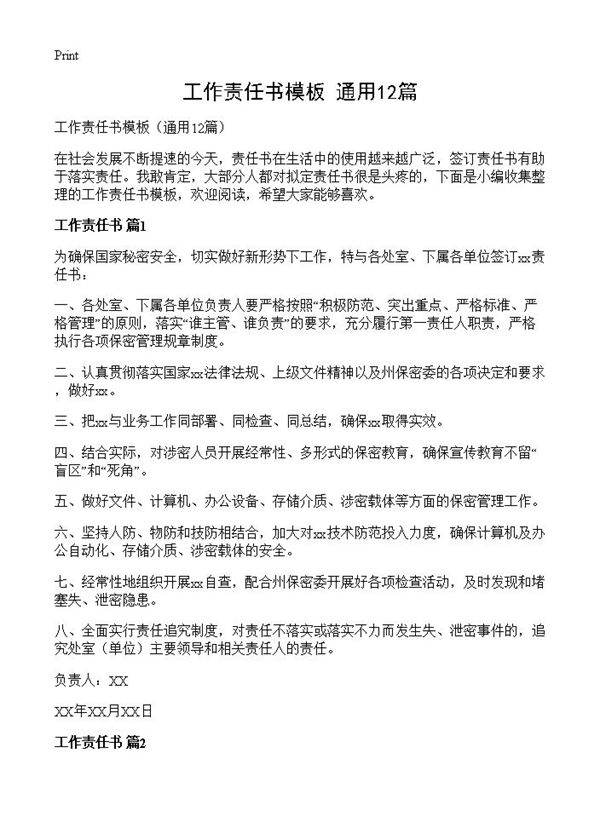 工作责任书模板12篇