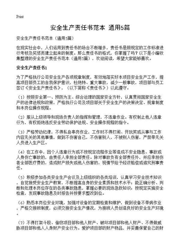 安全生产责任书范本5篇
