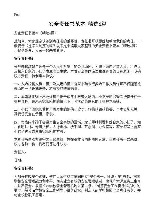 安全责任书范本6篇