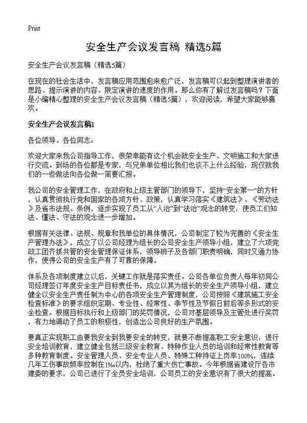 安全生产会议发言稿5篇