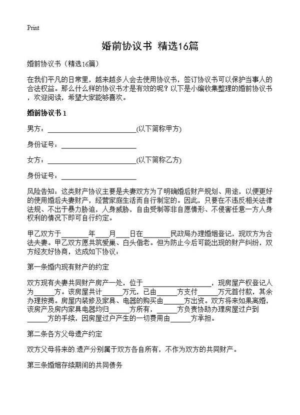 婚前协议书16篇