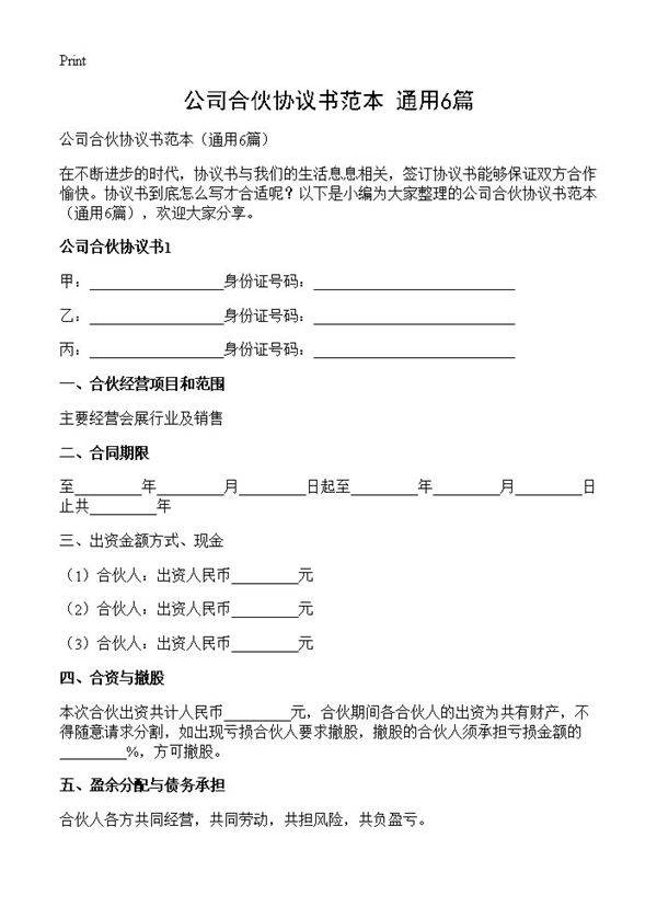 公司合伙协议书范本6篇