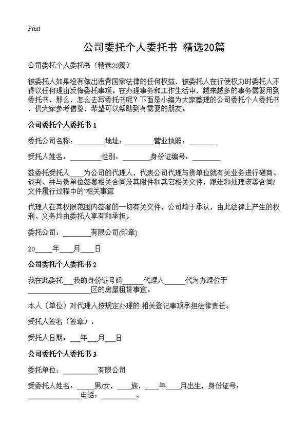 公司委托个人委托书20篇