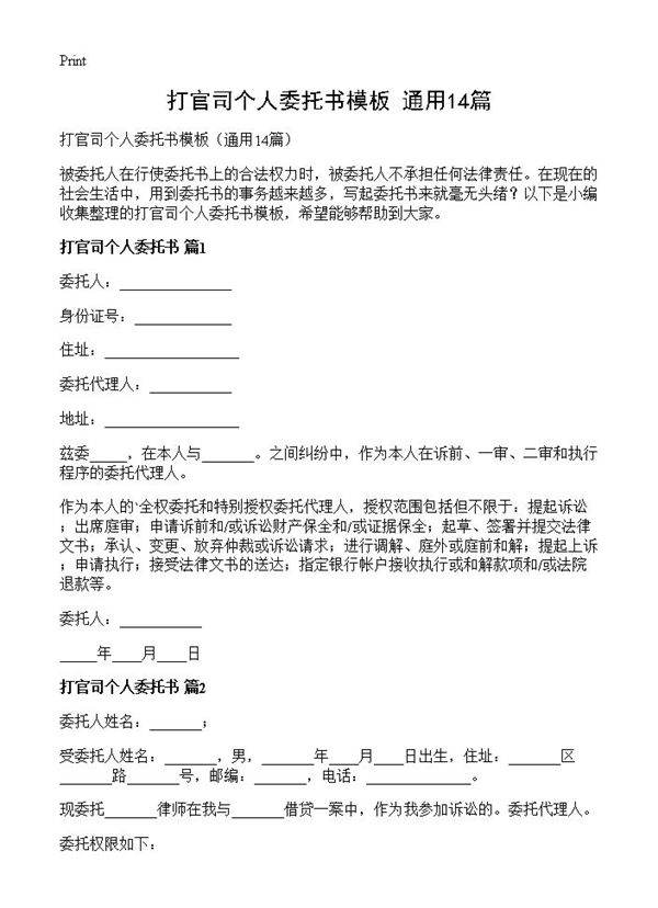 打官司个人委托书模板14篇