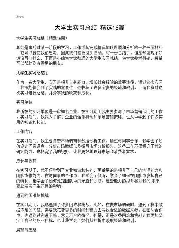 大学生实习总结16篇