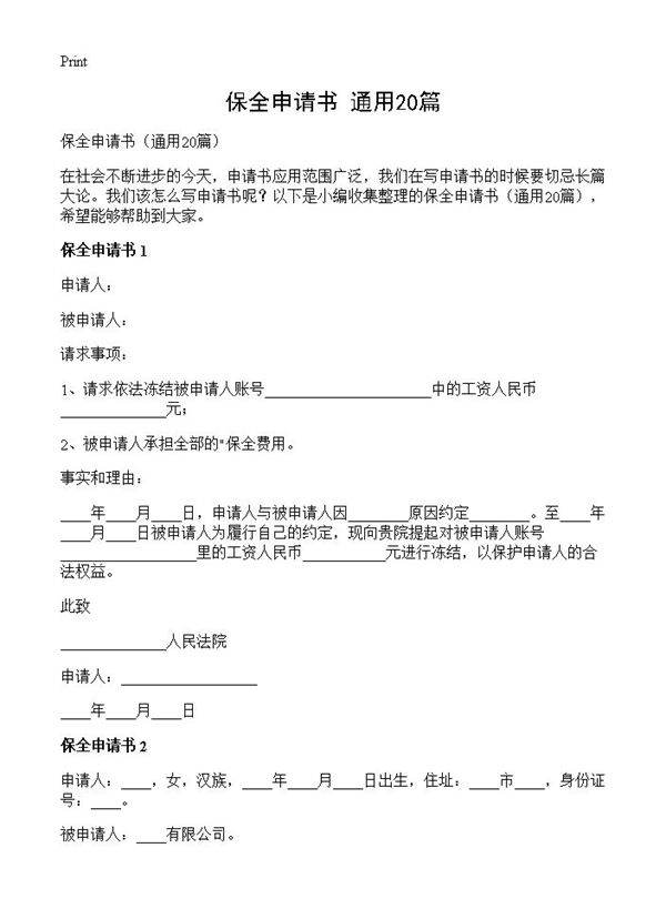 保全申请书20篇