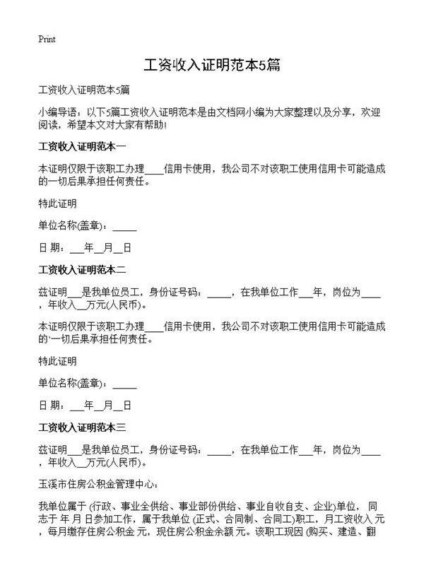 工资收入证明范本5篇