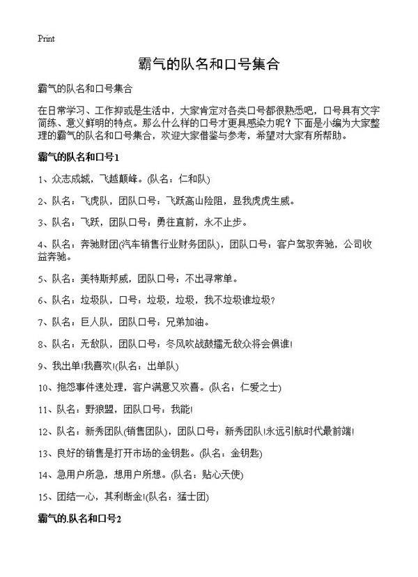 霸气的队名和口号集合