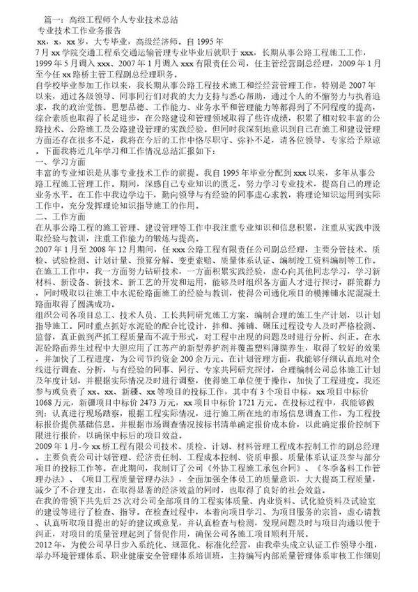 专业技术工作总结高级工程师