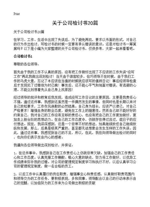 关于公司检讨书20篇
