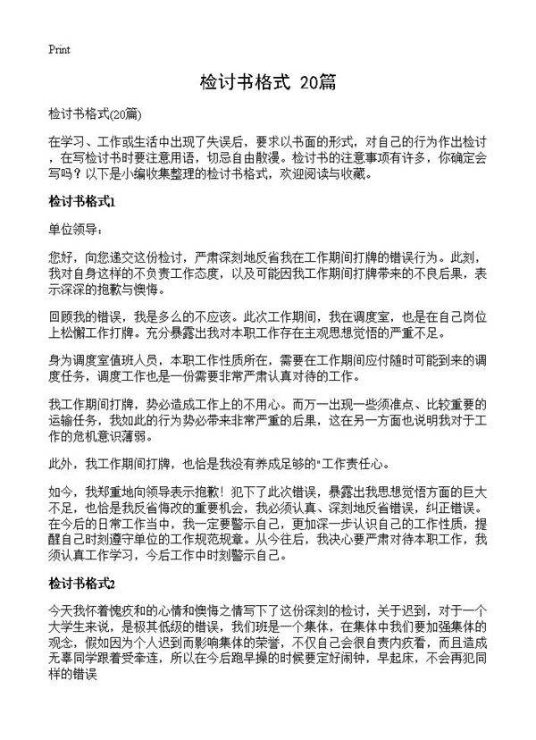 检讨书格式20篇