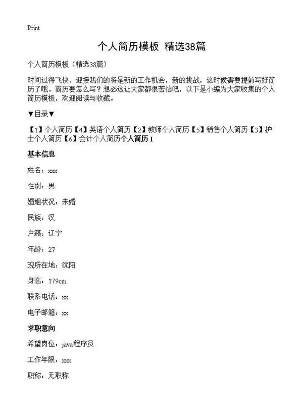 个人简历模板38篇