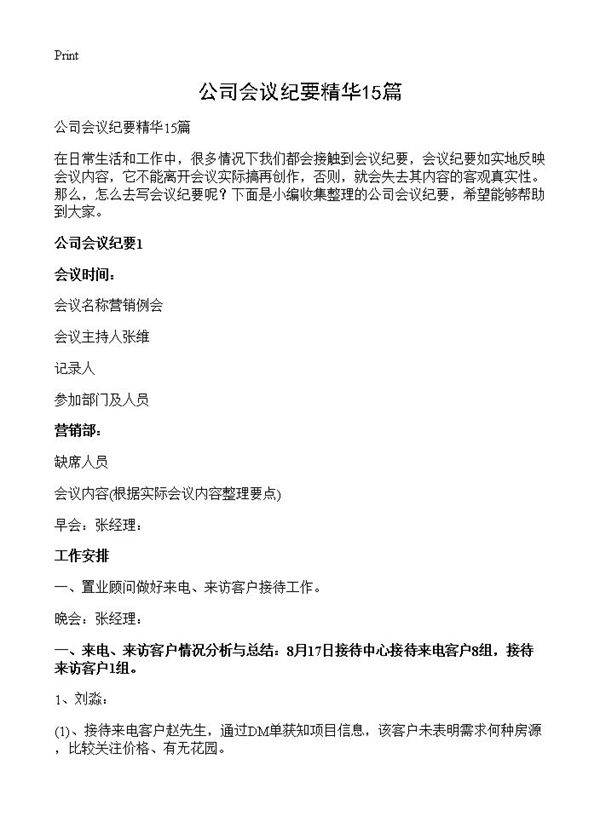 公司会议纪要精华15篇