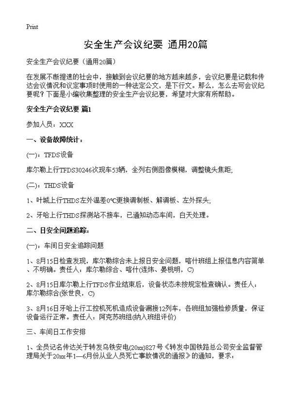 安全生产会议纪要20篇