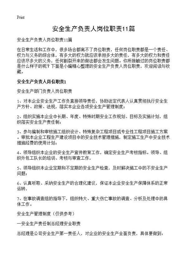 安全生产负责人岗位职责11篇