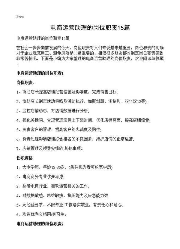 电商运营助理的岗位职责15篇