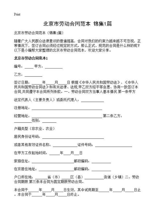 北京市劳动合同范本1篇