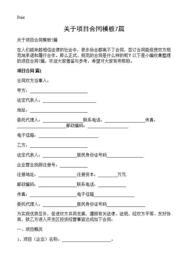 关于项目合同模板7篇