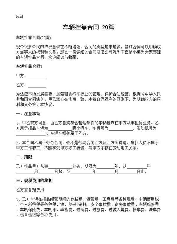 车辆挂靠合同20篇