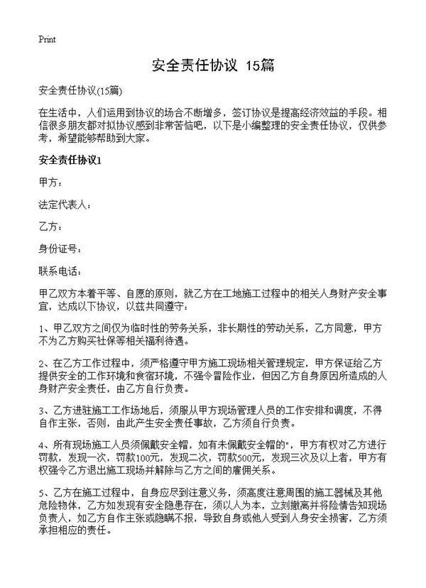 安全责任协议15篇