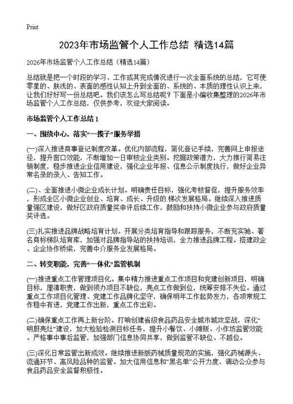 2023年市场监管个人工作总结14篇