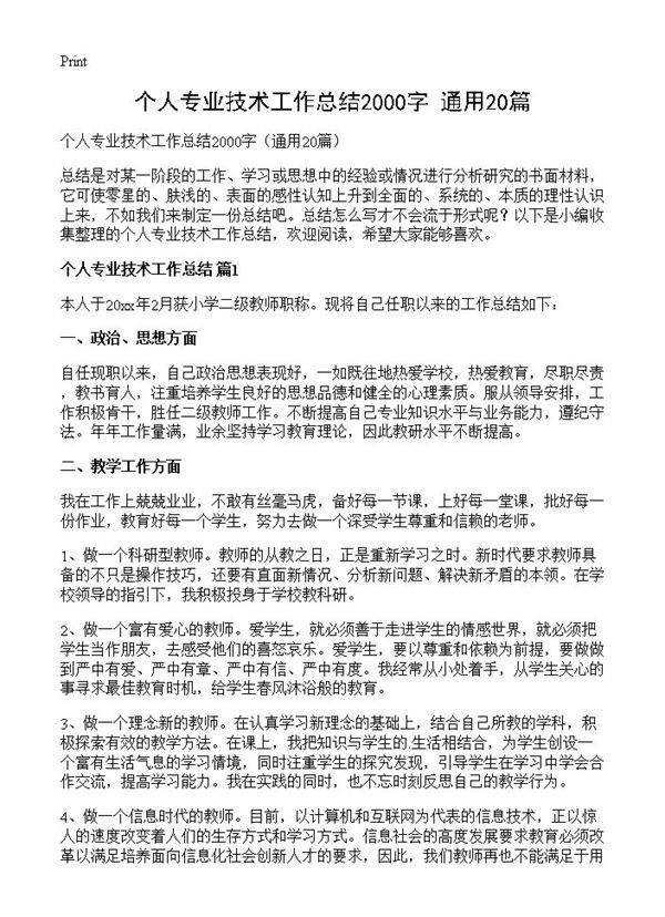 个人专业技术工作总结2000字20篇