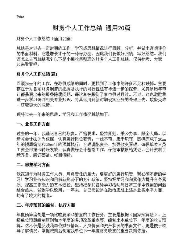 财务个人工作总结20篇