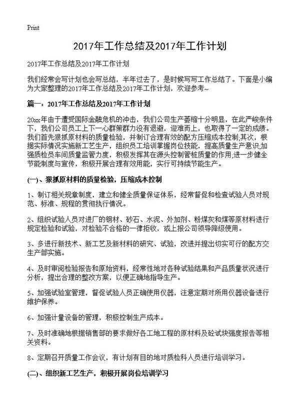 2017年工作总结及2017年工作计划