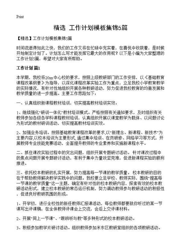 工作计划模板集锦5篇